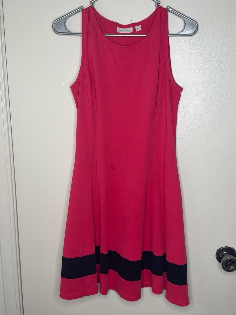 New York & Company Pink Fit & Flare Dress Size M Pockets Black Stripe